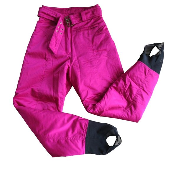Vintage 80s OSSI Stirrup Ski Pants XS Fuchsia High Rise Belted Pocket Zip - Picture 1 of 15